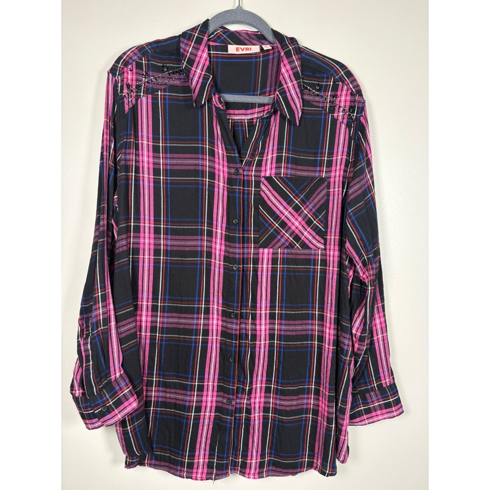 EVRI Womens Plus 1X Plaid Button Down Shirt Pink Black Beaded Shoulder Grunge